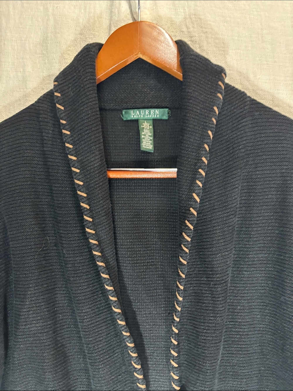 Lauren Ralph Lauren Black Cardigan with Tan Whipstitch Trim Linen Cotton Blend - Picture 3 of 10